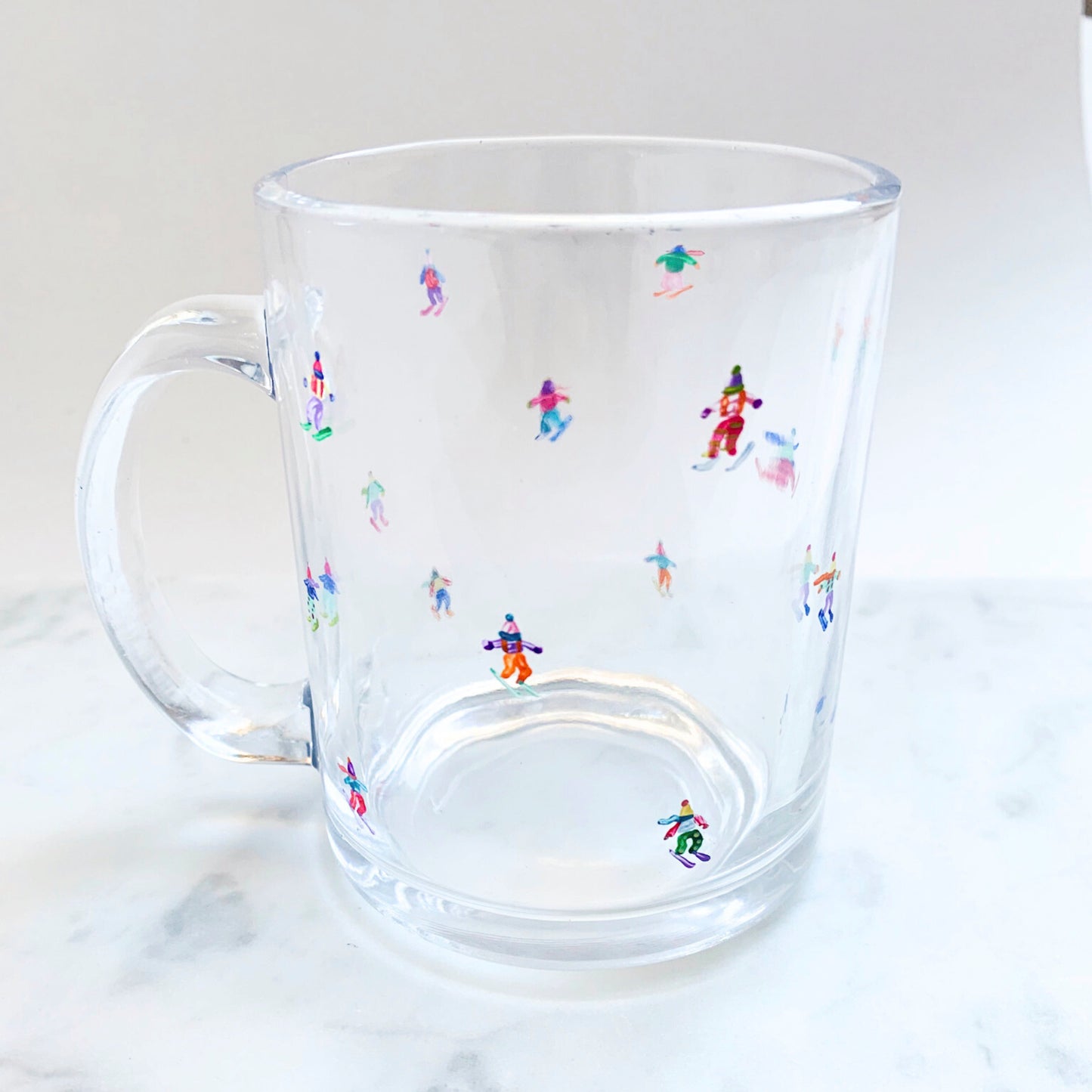 Hand-Painted Glass Mug - Tiny Skiers