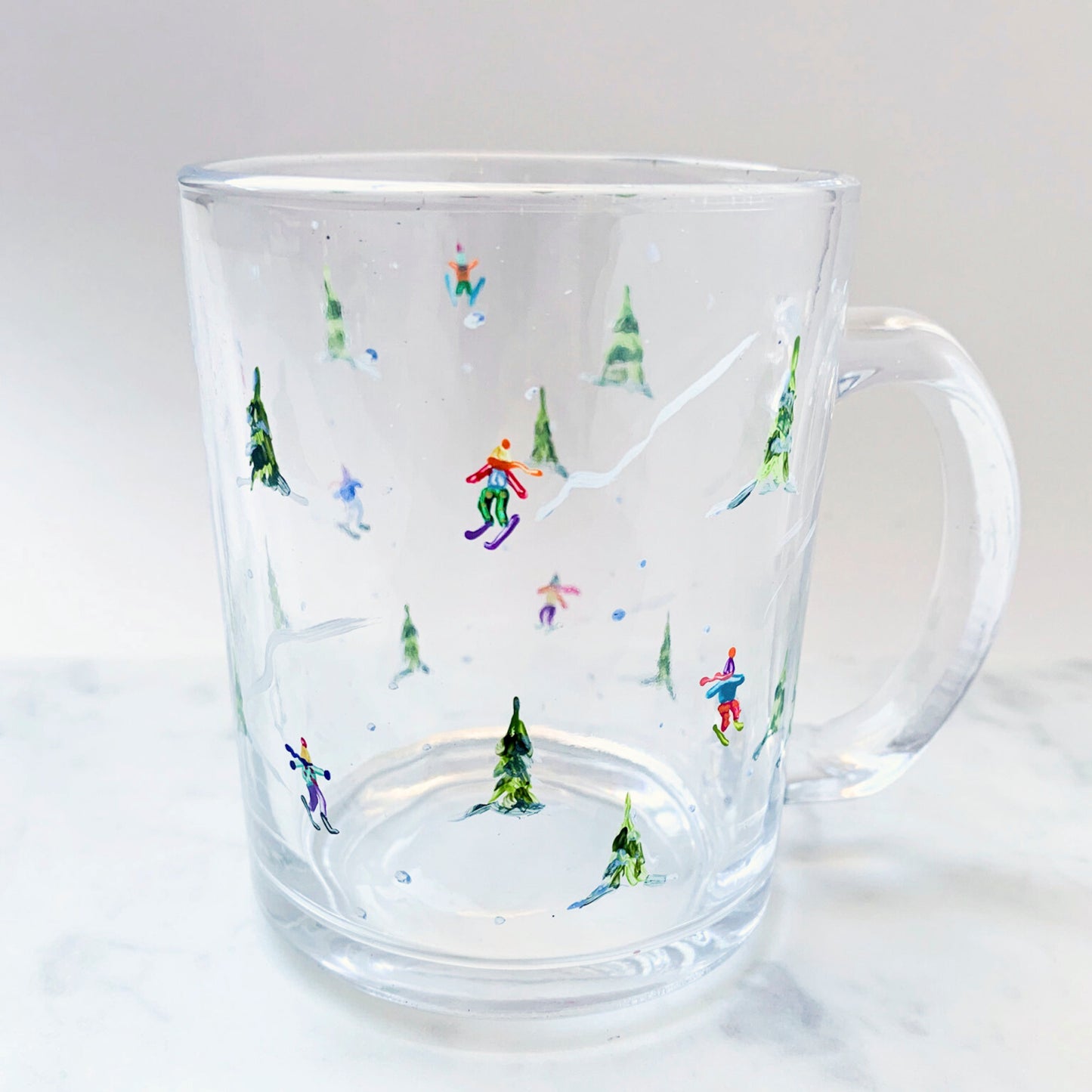 Hand-Painted Glass Mug - Tiny Skiers In Trees