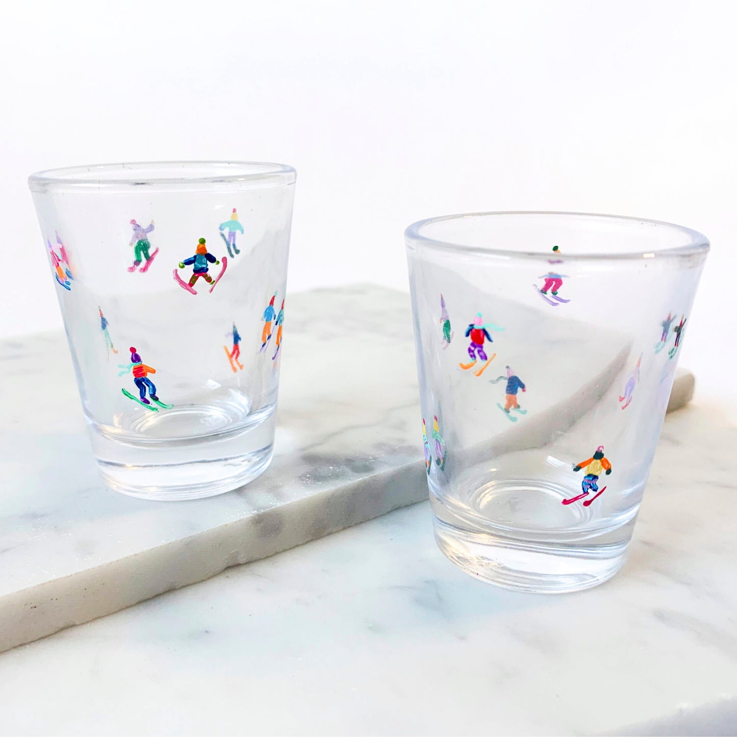 Hand-painted Shot Glass- Tiny Skiers (Set of 2)