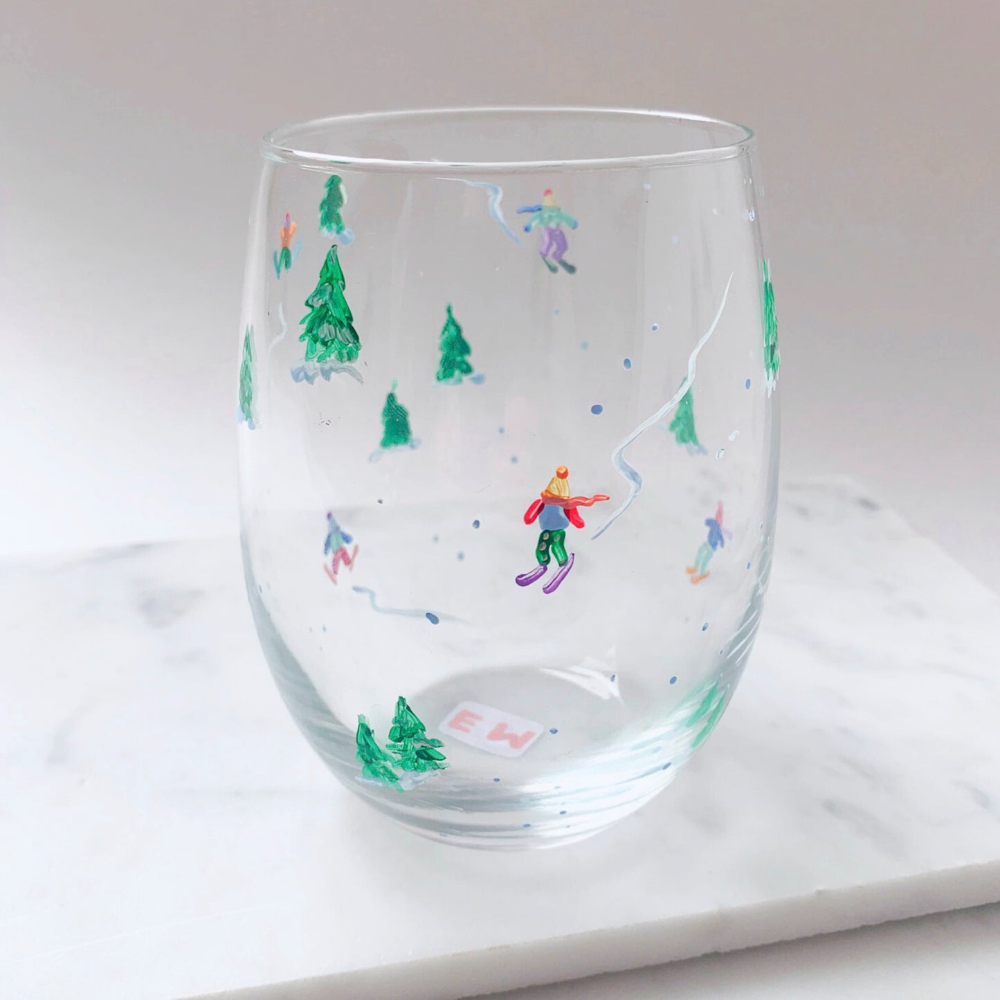 Hand-Painted Wine Glass - Tiny Skiers In Trees