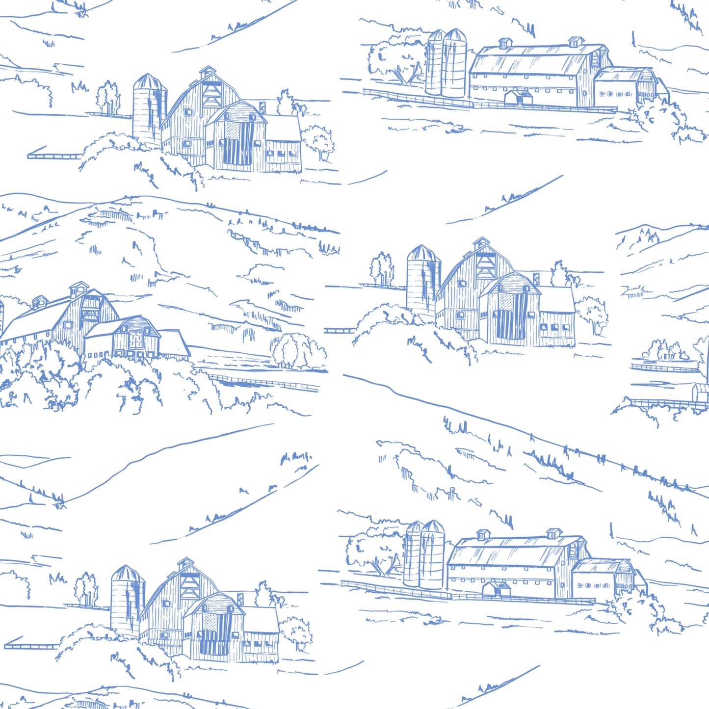 Tea Towel - White Barn Toile (Blue)