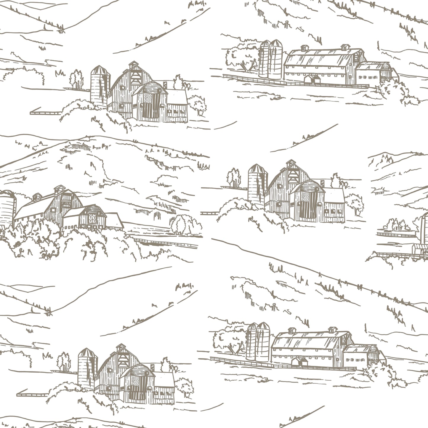 Tea Towel - White Barn Toile (Brown)