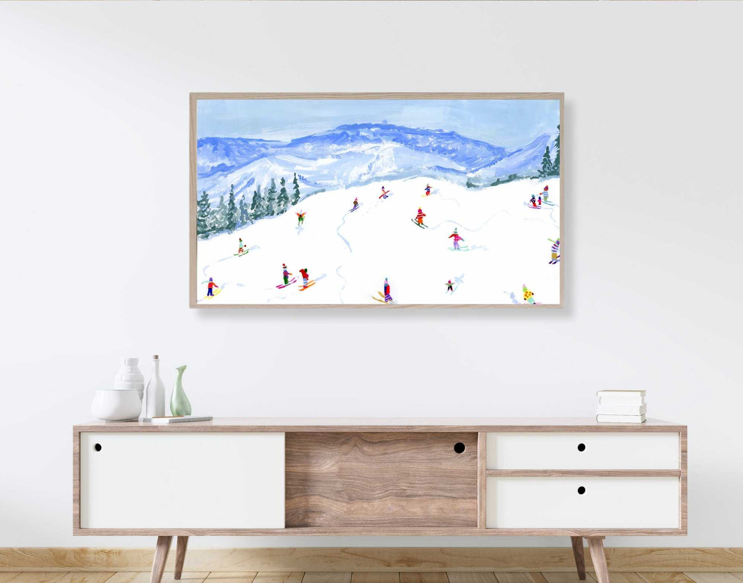 Tiny Skiers With A Mountain View Frame TV