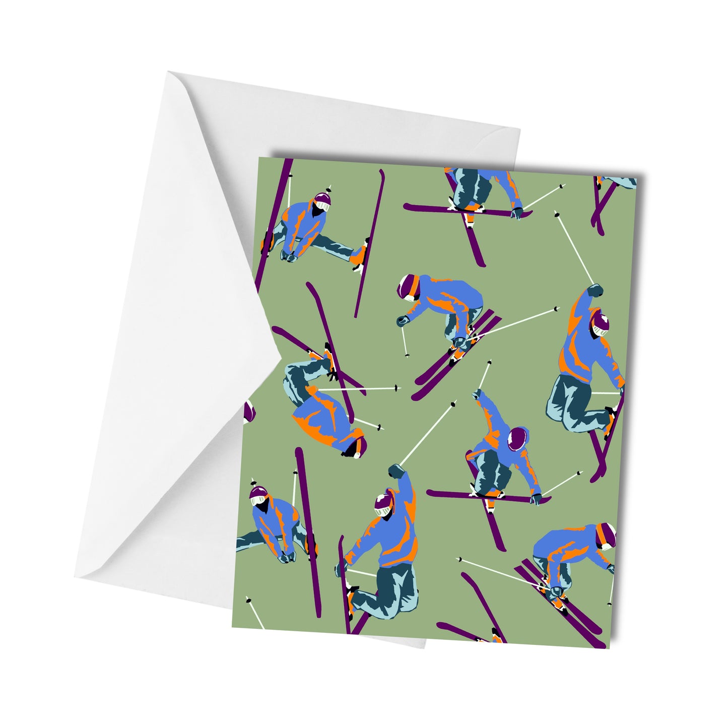 Colorful Skiers Green - Greeting Card