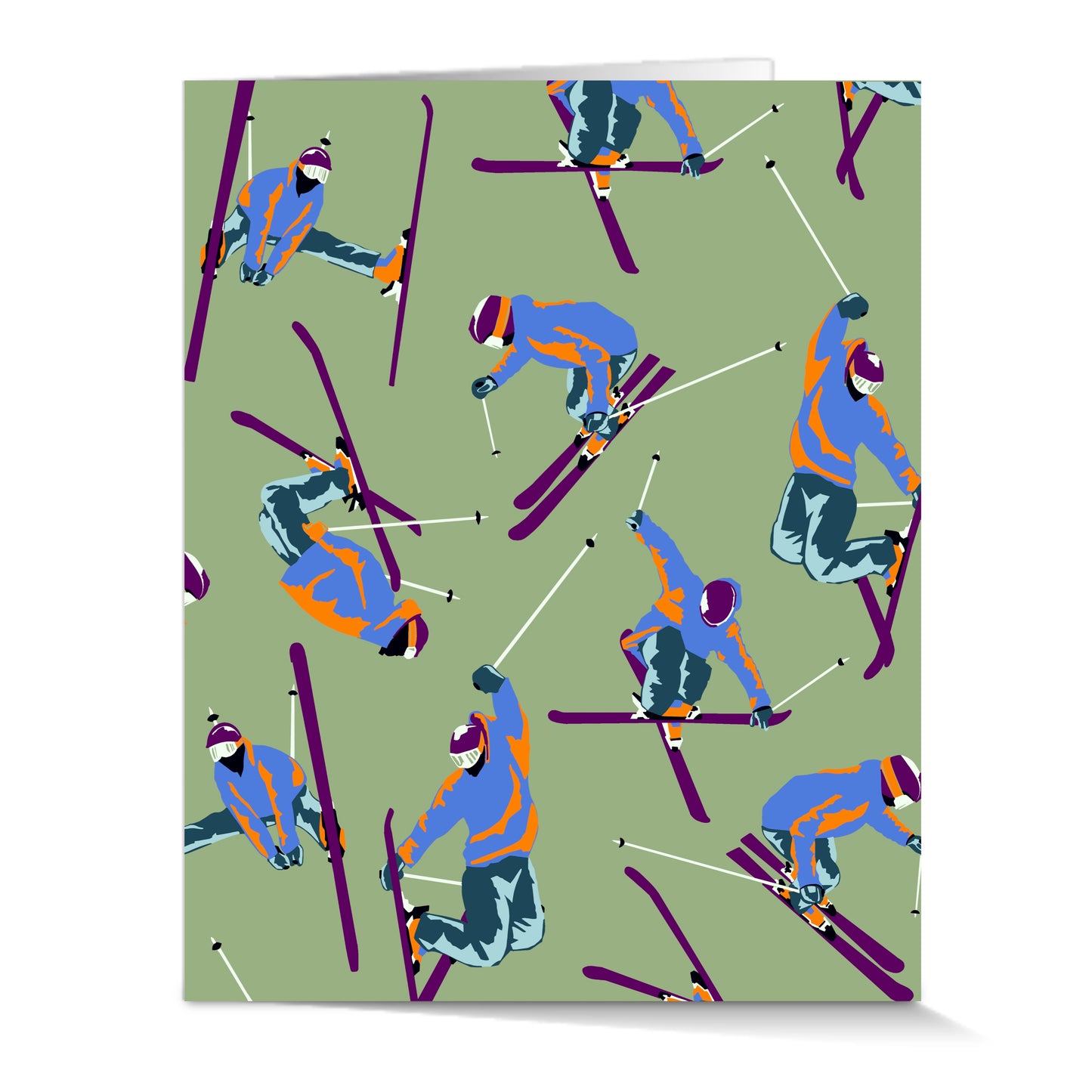 Colorful Skiers Green - Greeting Card