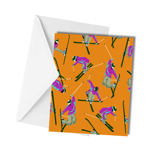 Colorful Skiers Orange - Greeting Card