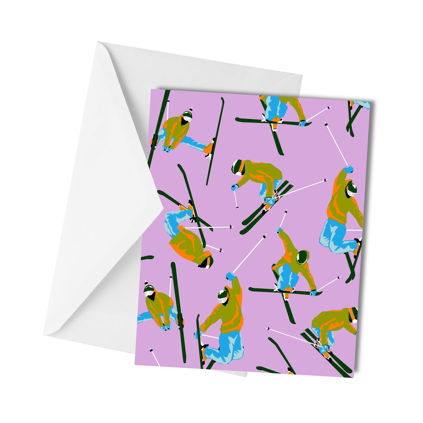 Colorful Skiers Purple - Greeting Card